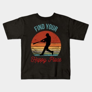 Find Your Happy Place - Baseball Player Silhouette over Retro Sunset Kids T-Shirt